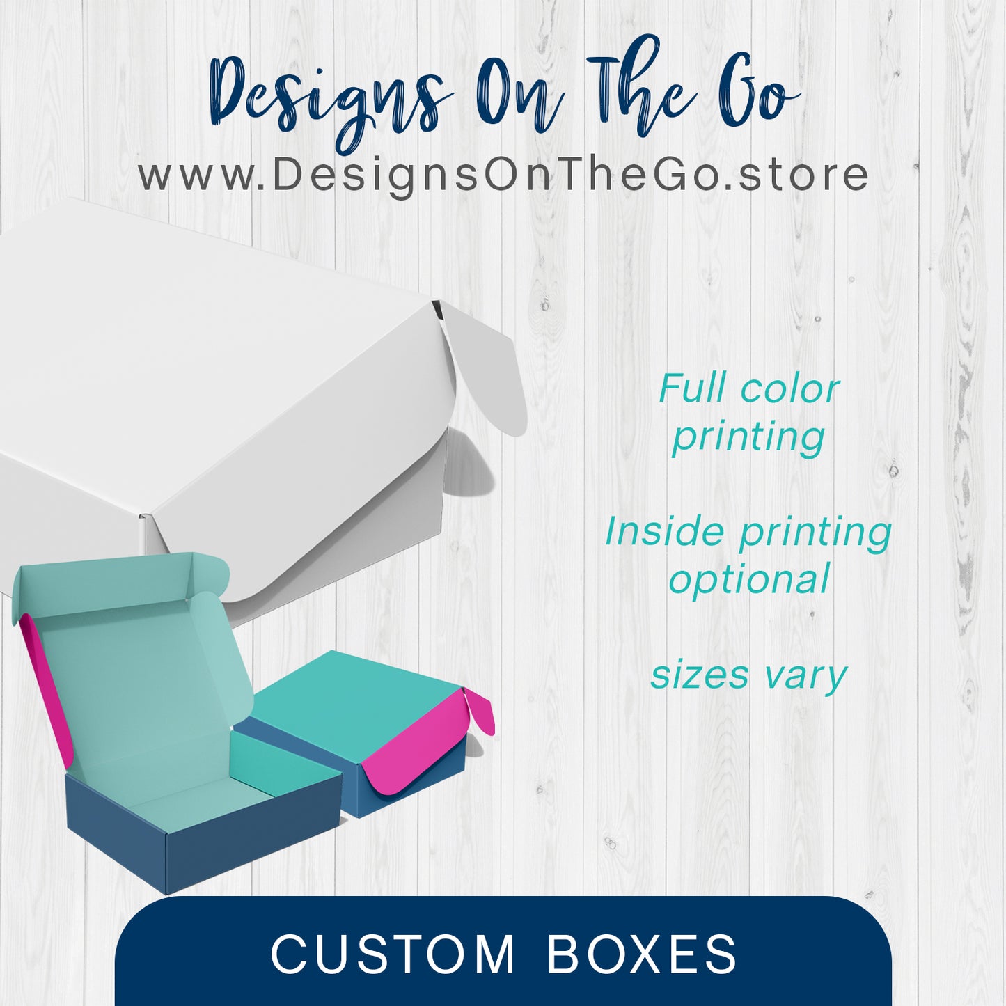 Enhance your packaging with Custom Boxes from Designs On The Go. Our high-quality, personalized boxes are perfect for showcasing your brand and products. Ideal for small businesses, these custom boxes add a professional touch while ensuring your items arrive safely. Stand out with unique packaging that speaks volumes!