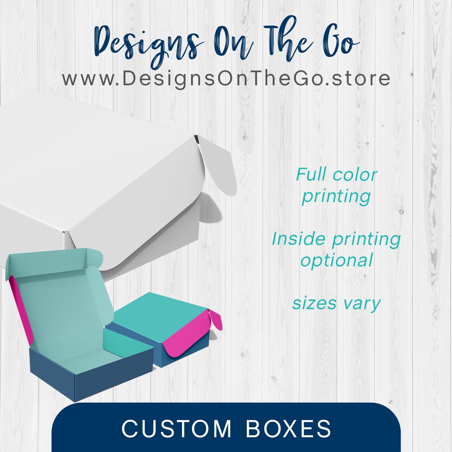 Enhance your packaging with Custom Boxes from Designs On The Go. Our high-quality, personalized boxes are perfect for showcasing your brand and products. Ideal for small businesses, these custom boxes add a professional touch while ensuring your items arrive safely. Stand out with unique packaging that speaks volumes!