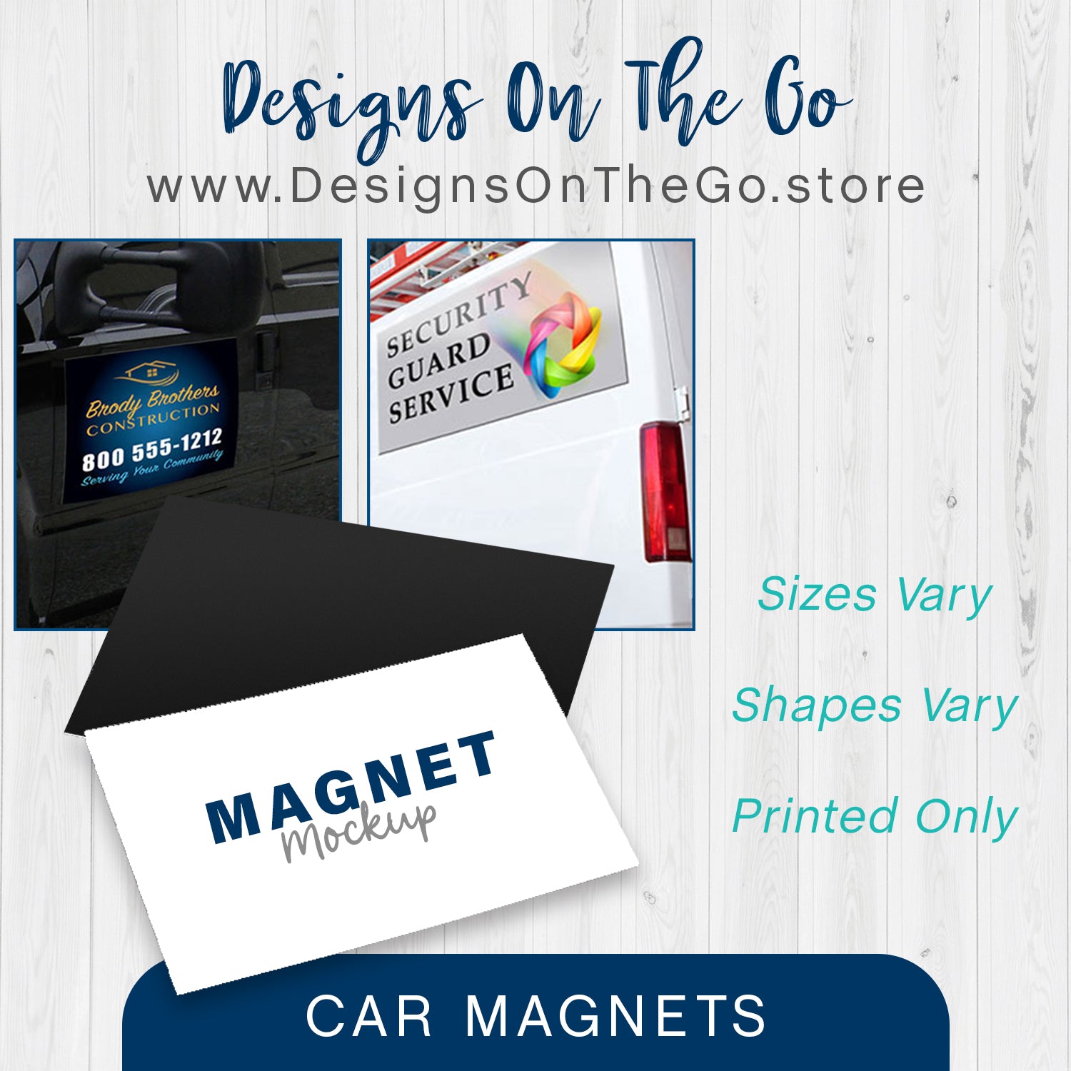 Promote your brand on the go with custom car magnets from Designs On The Go! Our high-quality, weather-resistant magnets are perfect for business advertising or personal expression. Easy to apply and remove, they offer a versatile solution for mobile marketing. Ideal for small businesses and entrepreneurs!