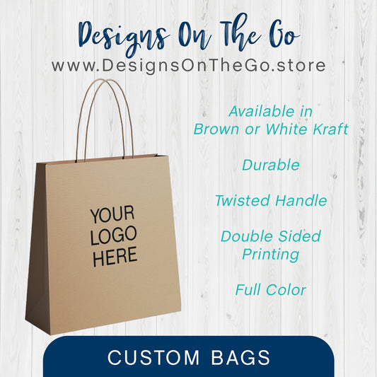 Elevate your brand with Custom Bags from Designs On The Go. Perfect for promotions and everyday use, these high-quality bags showcase your logo and message. Durable, stylish, and versatile, our custom bags are ideal for small businesses looking to make a lasting impression. Order yours today!