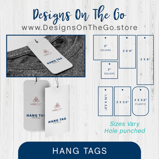 Promote your brand with our Hang Tags from Designs On The Go! Perfect for clothing, accessories, or gifts, these customizable tags enhance your products and provide essential information. Made from high-quality materials, they ensure durability and style. Stand out in retail with our eye-catching hang tags that leave a lasting impression!