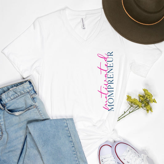 Elevate your entrepreneurial journey with Bella Canvas Unisex Triblend V-Neck Short Sleeve Tee 3415 - Motivated Mompreneur, from Designs On The Go. Showcase your drive and style effortlessly, perfect for the dedicated mompreneur.