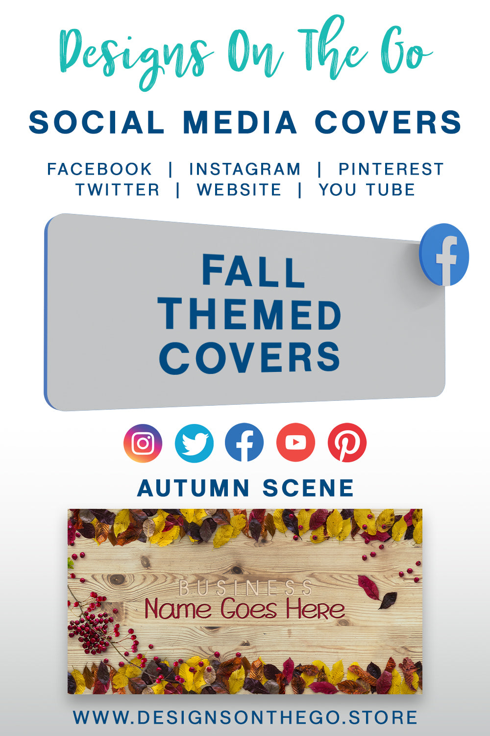 Enhance your online presence with our Fall Themed Social Media Covers from Designs On The Go. Perfect for autumn enthusiasts, these customizable covers capture the essence of the season with vibrant colors and designs. Elevate your brand's aesthetic and engage your audience with eye-catching visuals this fall!