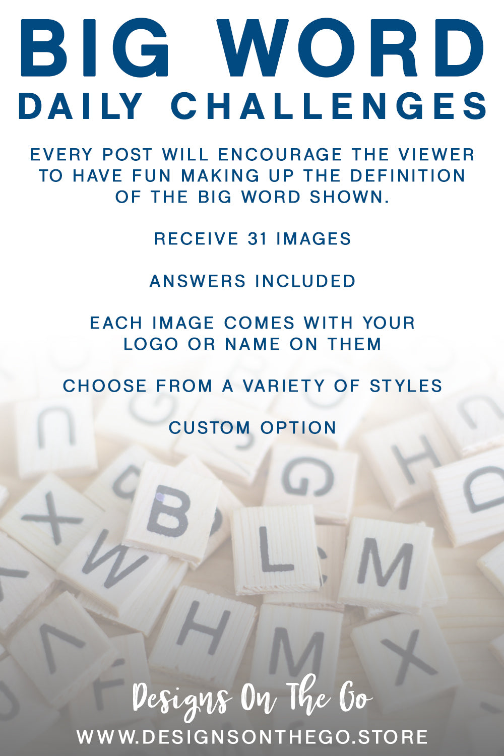 Boost your engagement with Big Word Daily Challenges from Designs On The Go. Elevate your social media presence with these fun, interactive challenges designed to inspire and connect with your audience daily. Perfect for increasing participation and keeping your followers engaged.