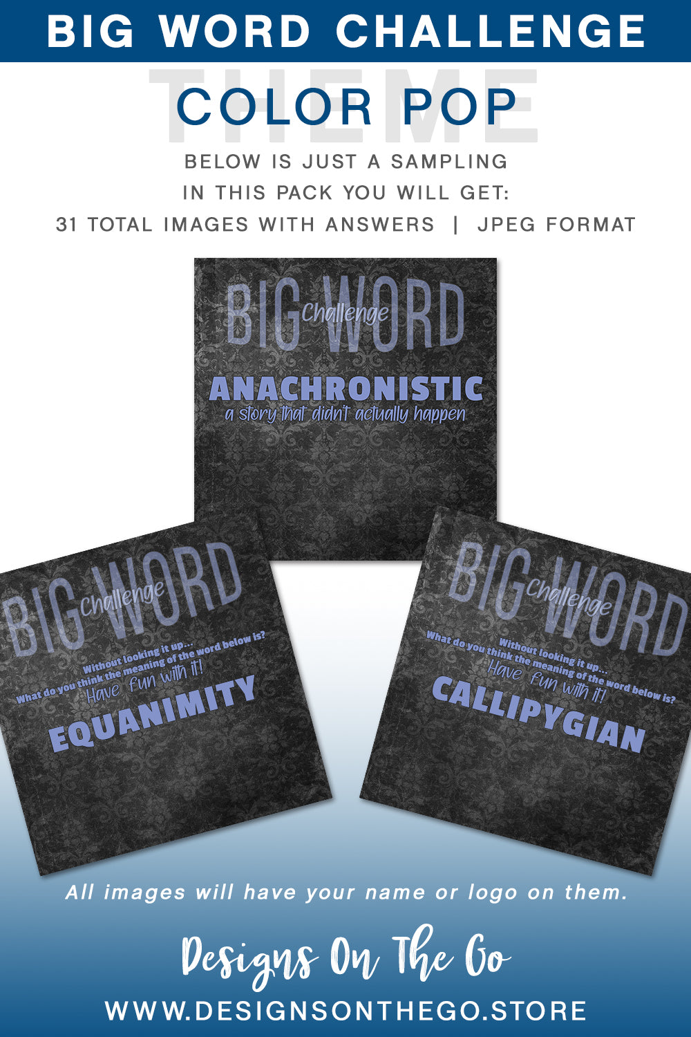 Boost your engagement with Big Word Daily Challenges from Designs On The Go. Elevate your social media presence with these fun, interactive challenges designed to inspire and connect with your audience daily. Perfect for increasing participation and keeping your followers engaged.