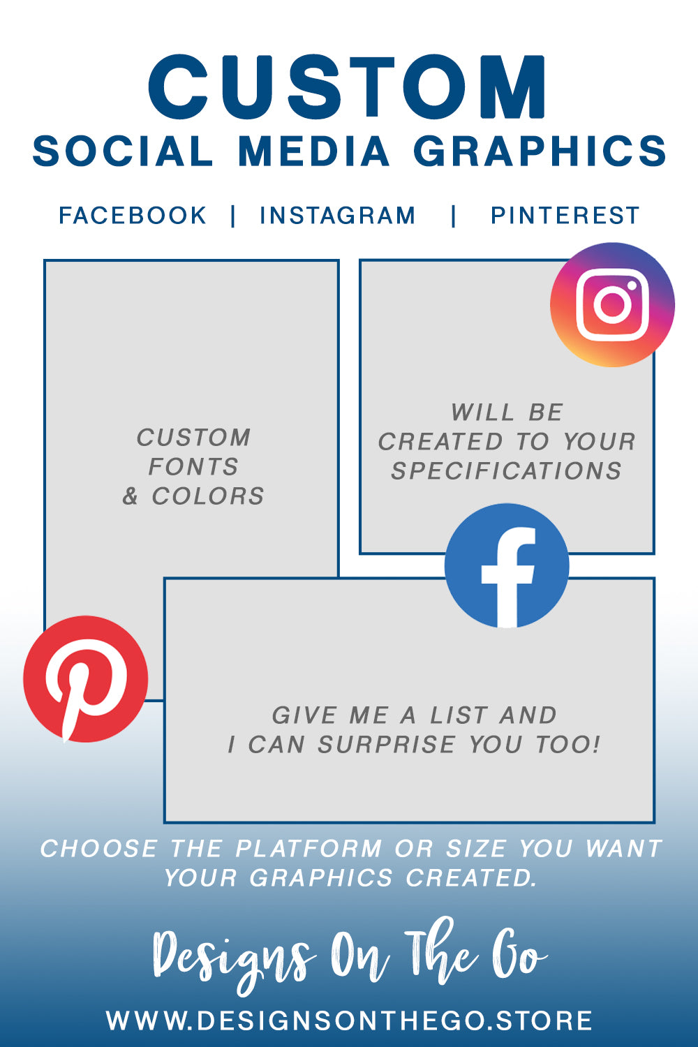 Boost your brand's visibility with Custom Social Media Graphics from Designs On The Go. Our tailored graphics are designed to engage your audience and enhance your online presence. Perfect for promotions, announcements, or branding, each graphic is crafted to reflect your unique style, helping you stand out on every platform.