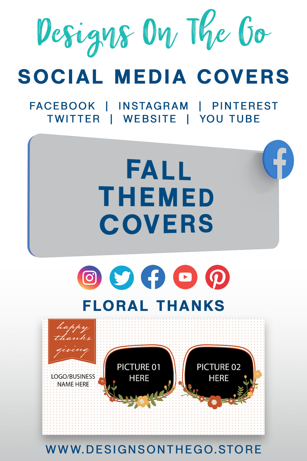 Enhance your online presence with our Fall Themed Social Media Covers from Designs On The Go. Perfect for autumn enthusiasts, these customizable covers capture the essence of the season with vibrant colors and designs. Elevate your brand's aesthetic and engage your audience with eye-catching visuals this fall!