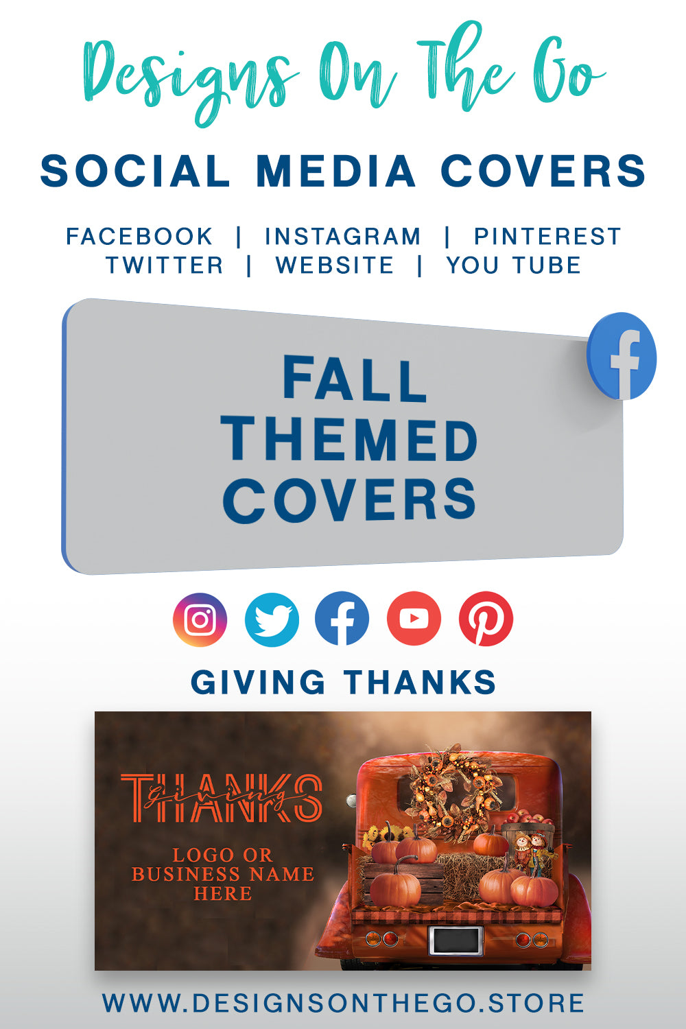 Enhance your online presence with our Fall Themed Social Media Covers from Designs On The Go. Perfect for autumn enthusiasts, these customizable covers capture the essence of the season with vibrant colors and designs. Elevate your brand's aesthetic and engage your audience with eye-catching visuals this fall!