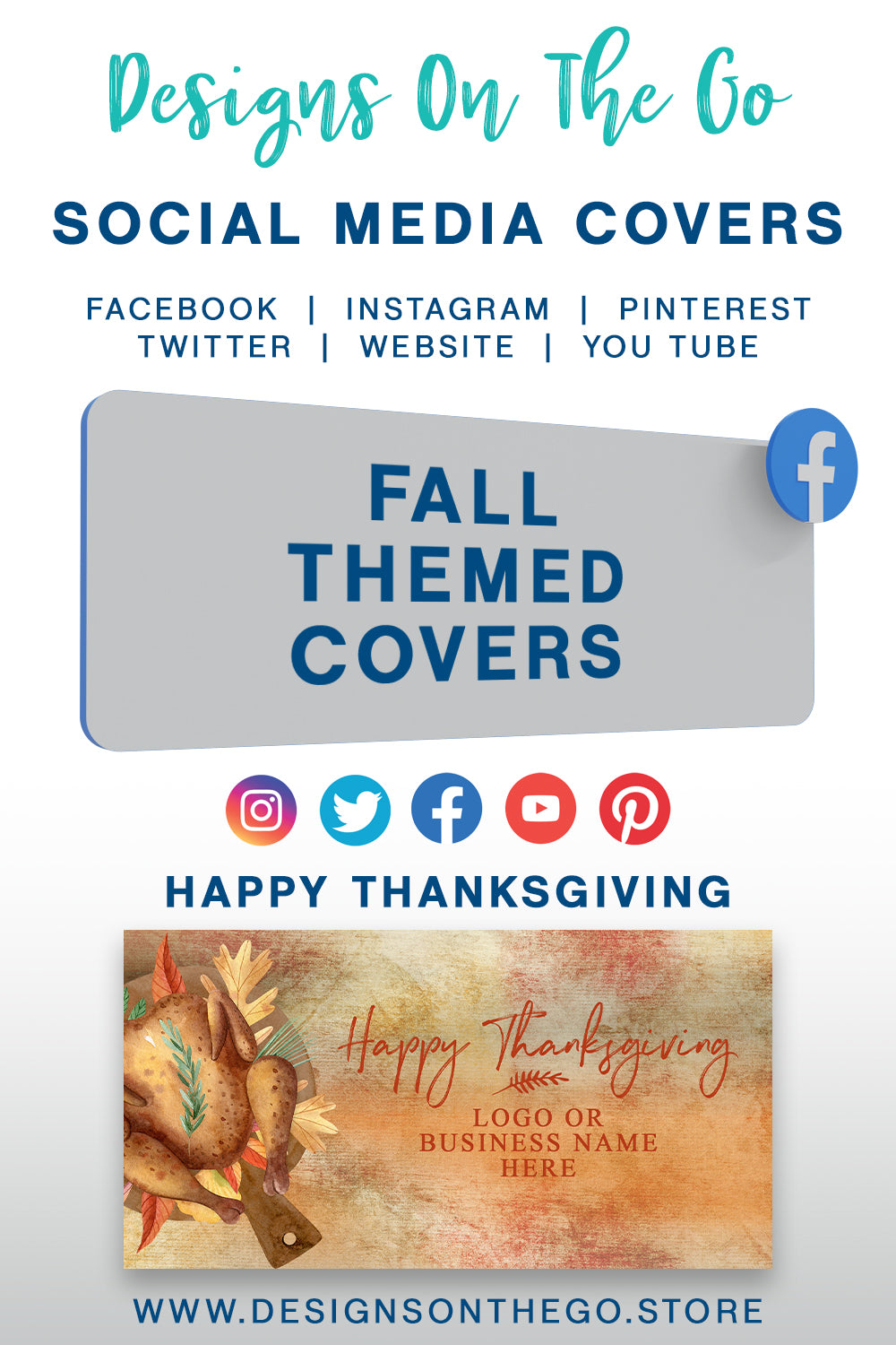 Enhance your online presence with our Fall Themed Social Media Covers from Designs On The Go. Perfect for autumn enthusiasts, these customizable covers capture the essence of the season with vibrant colors and designs. Elevate your brand's aesthetic and engage your audience with eye-catching visuals this fall!