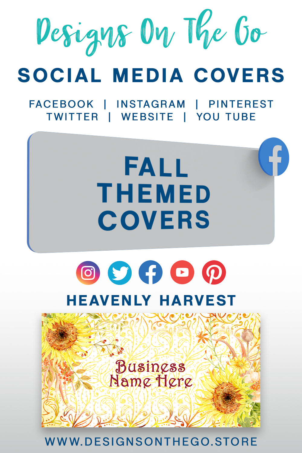 Enhance your online presence with our Fall Themed Social Media Covers from Designs On The Go. Perfect for autumn enthusiasts, these customizable covers capture the essence of the season with vibrant colors and designs. Elevate your brand's aesthetic and engage your audience with eye-catching visuals this fall!