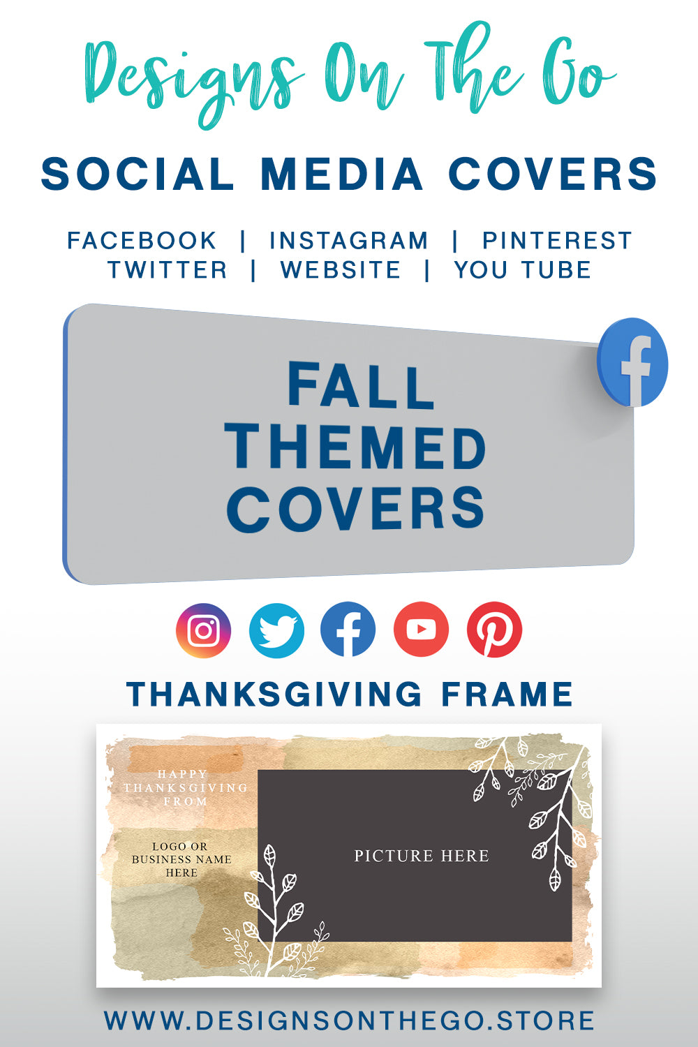 Enhance your online presence with our Fall Themed Social Media Covers from Designs On The Go. Perfect for autumn enthusiasts, these customizable covers capture the essence of the season with vibrant colors and designs. Elevate your brand's aesthetic and engage your audience with eye-catching visuals this fall!