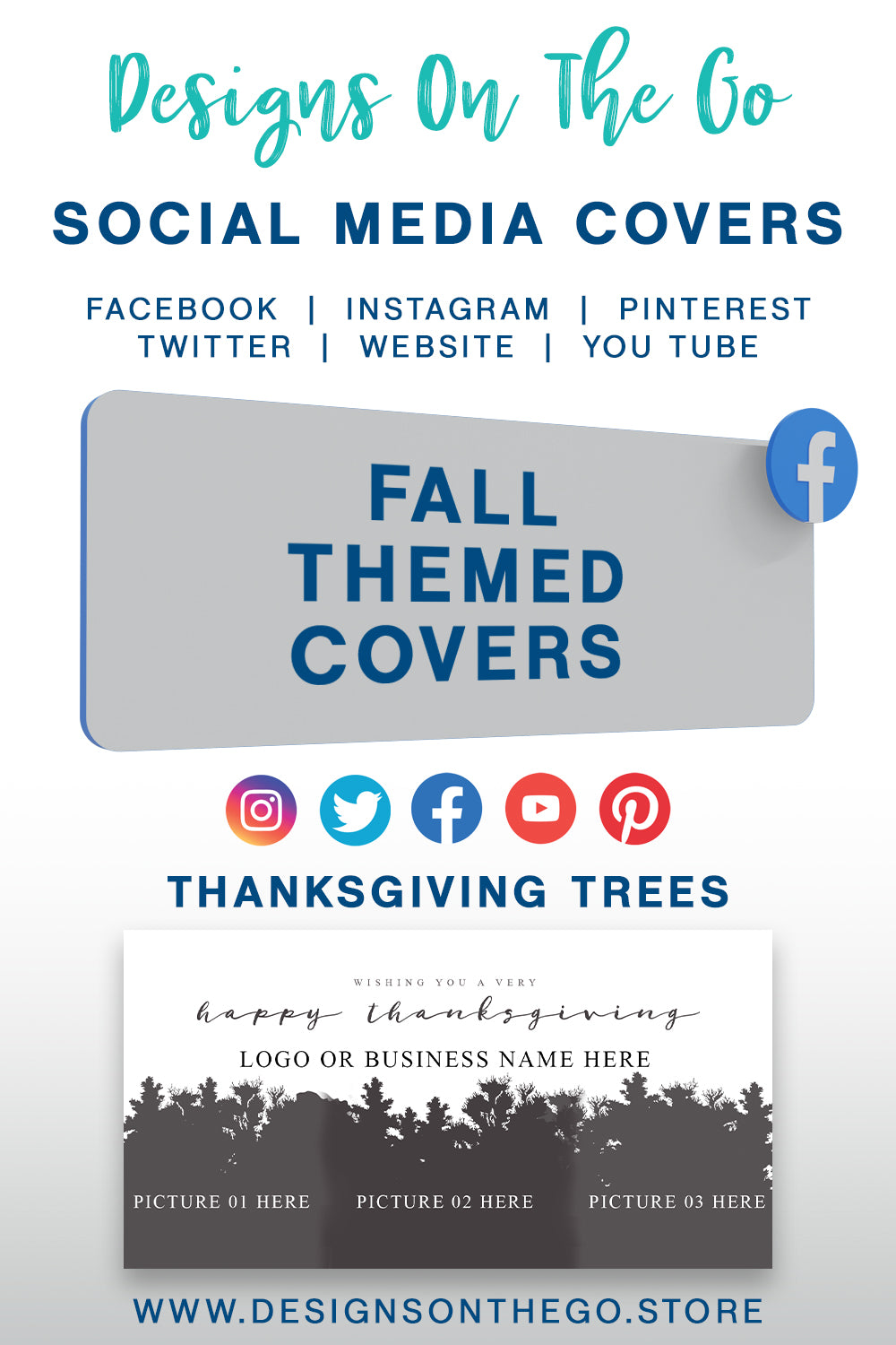 Enhance your online presence with our Fall Themed Social Media Covers from Designs On The Go. Perfect for autumn enthusiasts, these customizable covers capture the essence of the season with vibrant colors and designs. Elevate your brand's aesthetic and engage your audience with eye-catching visuals this fall!