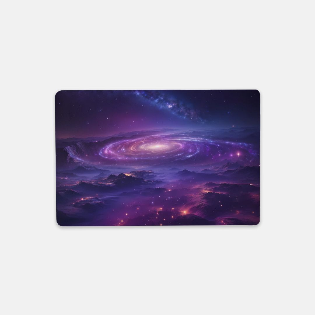 Enhance your workspace with the Desk Mat – Small (18″ x 12″) - Night Sky Mountains from Designs On The Go. This stunning mat showcases a serene mountain landscape under a starry night sky, providing both protection and inspiration. Perfect for home or office, it combines style and functionality for a productive environment.