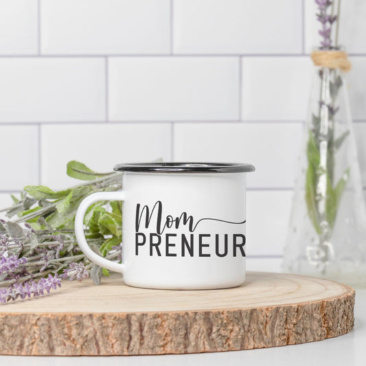 Empower your mornings with our Camp Mug 10 oz. (Black Rim) - Mompreneur from Designs On The Go. Start your day with style and resilience, perfect for busy moms balancing work and life.