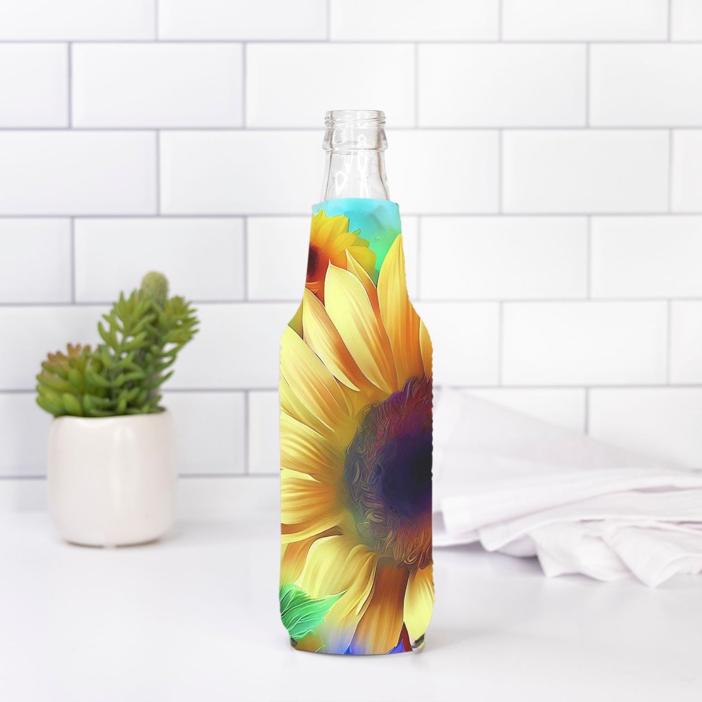 Brighten your day with our Bottle Wrap - Sunflower Color from Designs On The Go. Featuring a vibrant sunflower design, this durable wrap adds a cheerful and lively touch to your bottle. Perfect for showcasing your sunny disposition, it's an ideal accessory for any bottle.