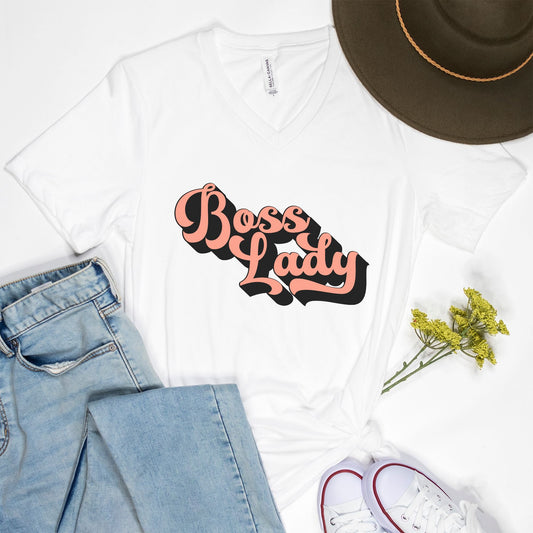 Embrace vintage charm with Bella Canvas Unisex Triblend V-Neck Short Sleeve Tee 3415 - Boss Lady Classy Retro, from Designs On The Go. Elevate your style with timeless sophistication.