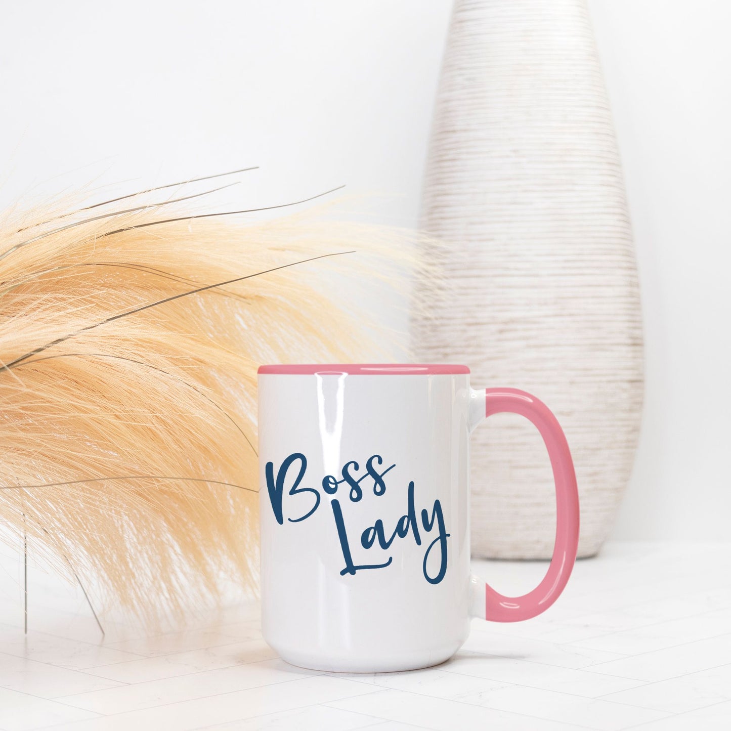 Mug Deluxe 15 oz. (Pink + White) - Boss Lady