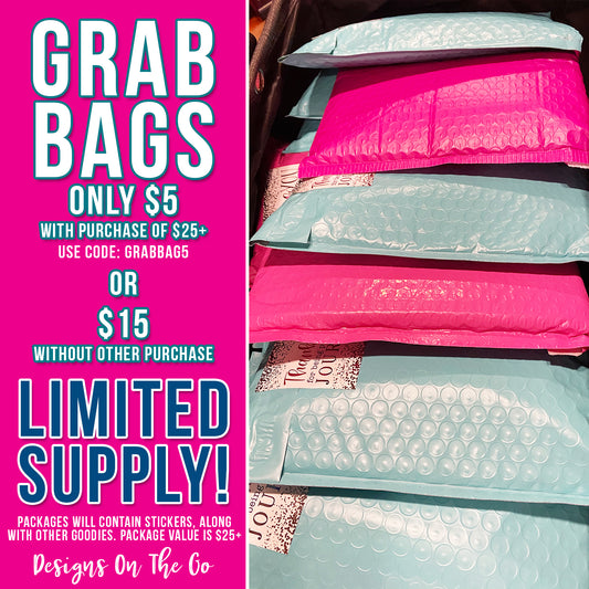 Unleash the excitement with our Grab Bags from Designs On The Go! Each bag is a surprise filled with unique items perfect for any occasion. Ideal for gifts or personal treats, our Grab Bags offer great value and endless fun. Don't miss out on the chance to discover your next favorite item at an unbeatable price!